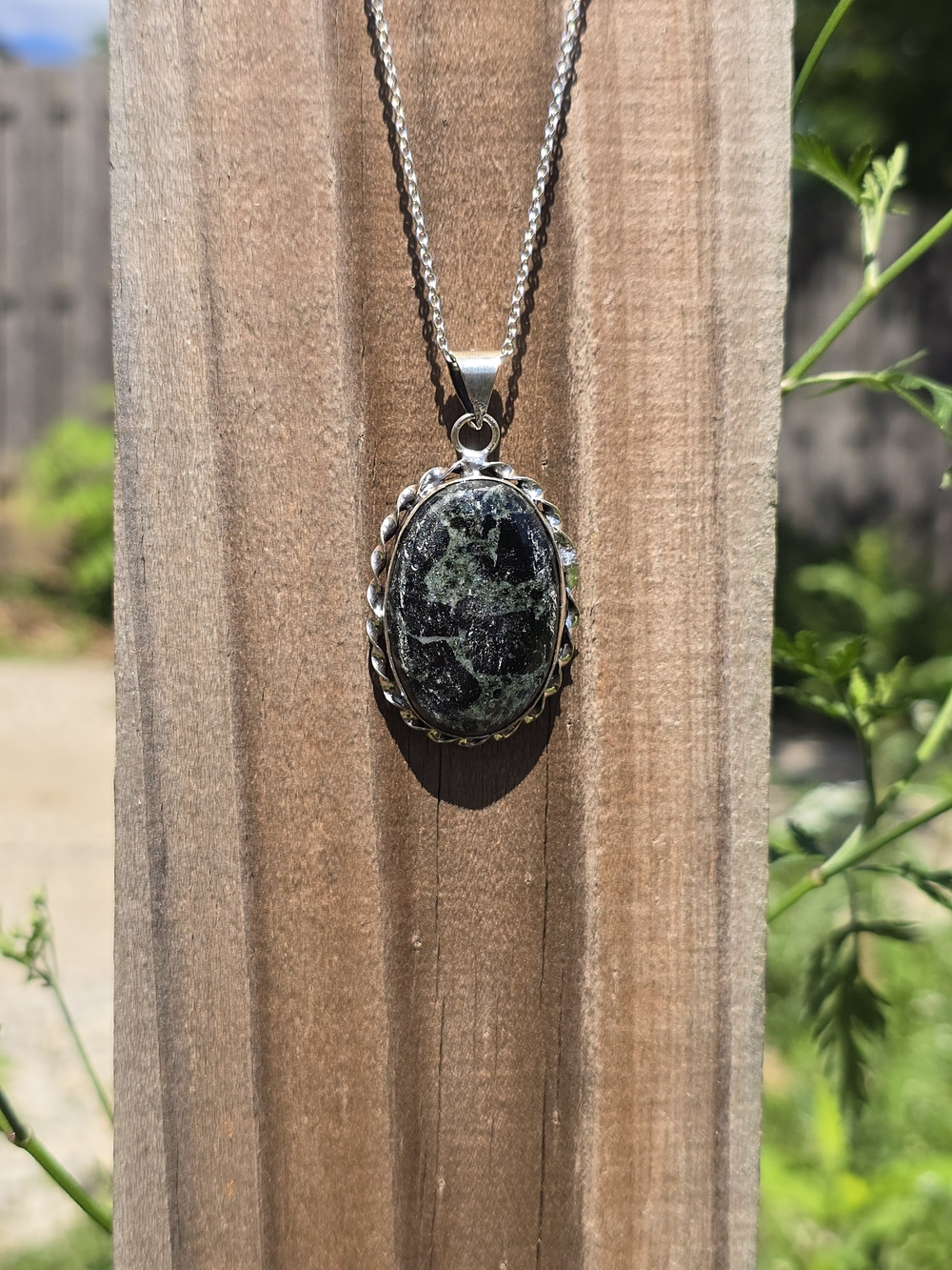 Vintage Sterling Silver Green & Black Jasper Necklace